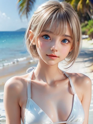 One Girl，(1人のとてもcute女の子:1.3)，masterpiece，Highest quality，High resolution，Photorealistic，RAW Photos，Ray Tracing，beautiful girl，(15 years old:1.3)，cute，Big eyes，(detailed pupils:1.2)，(The face is facing straight ahead:1.3)，Body facing forward，Beautiful nose，Fuller lips，Short black hair，ponytail，short hair，Detailed eyelashes，Thin eyebrows，Very fine grain definition，(Symmetrical eyes:1.3)，(Face close-up，Face Focus:1.0)，Small breasts，Short neck，White swimsuit，White Bikini，The background is the sea，Southern Island，Blue sky，White cloud，Portrait，View Viewer，Upper Body，Cinema Lighting，High resolution，Very detailed