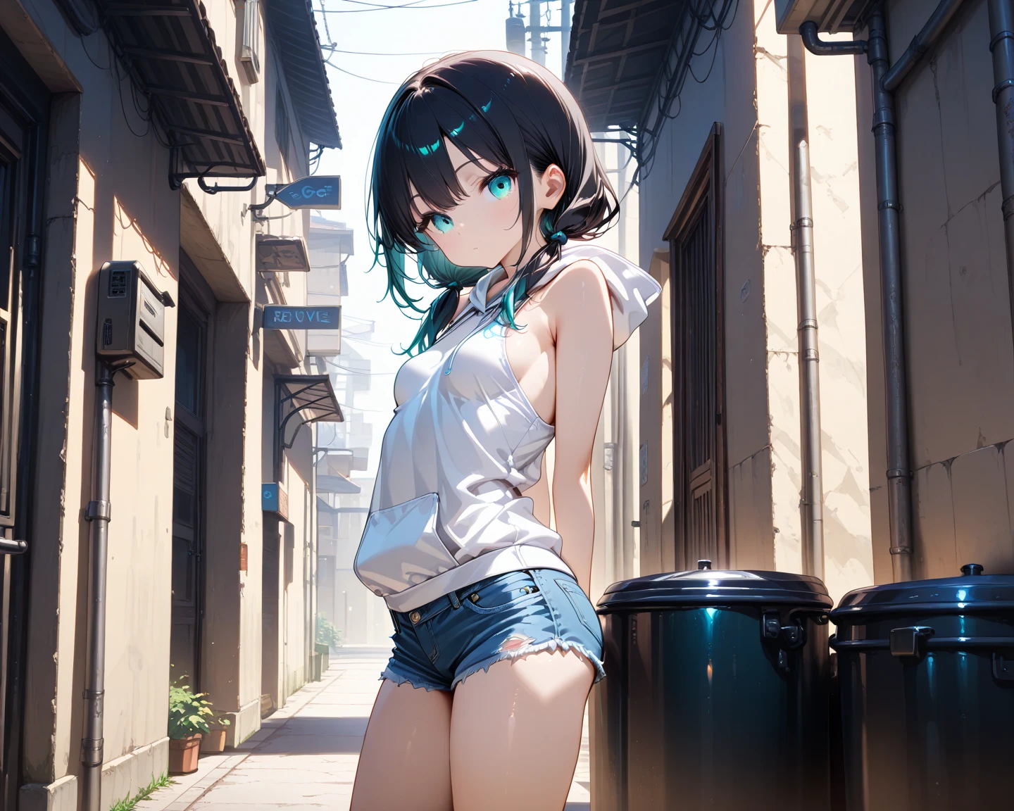 Browsing Caution,'(masterpiece, Highest quality, Very detailed, 8k wallpaper, Realistic), 1 person, Curvaceous yet slender body, Big Breasts, See-through micro bikini top, Fleece jacket, Shorts, Knee-high socks, Bangles, choker, Twin tails, Backpack, street, Street lamp, Late Night、the way、(The pose of raising your arm horizontally and sticking out your thumb to hitchhike:1.5)