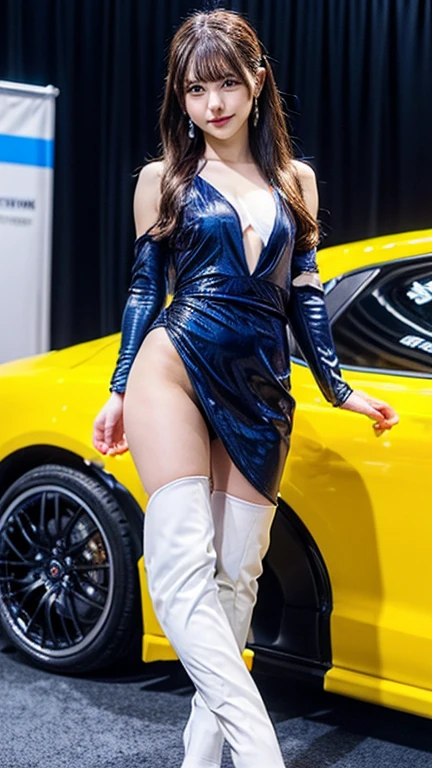 (8k, RAW photo, best quality, masterpiece:1.2), (realistic, photo-realistic:1.37), (full body:1.3) (detailed), (highres), ultra realistic, hyperrealistic, high detail RAW color photo of a 20 y.o women, young female,beautiful face, (high detailed face),looking at viewer, perfect face, young, detailed hair ,cleavage, perfect breast,professional lighting, photon mapping, radiosity, physically-based rendering, ultra-detailed, extremely detailed, beautiful detailed girl, extremely detailed eyes and face, cinematic lighting, perfect fingers, perfect hands, perfect legs, cinematic lighting, extreme details, realistic skin, show belly, high heels,1girl,race_queen,(gigantic breasts:1.2),clothing cutout,underboob, miniskirt, outdoors,((sports car)),((Autoshow)),((Motor show)), <lora:motorshow:1>