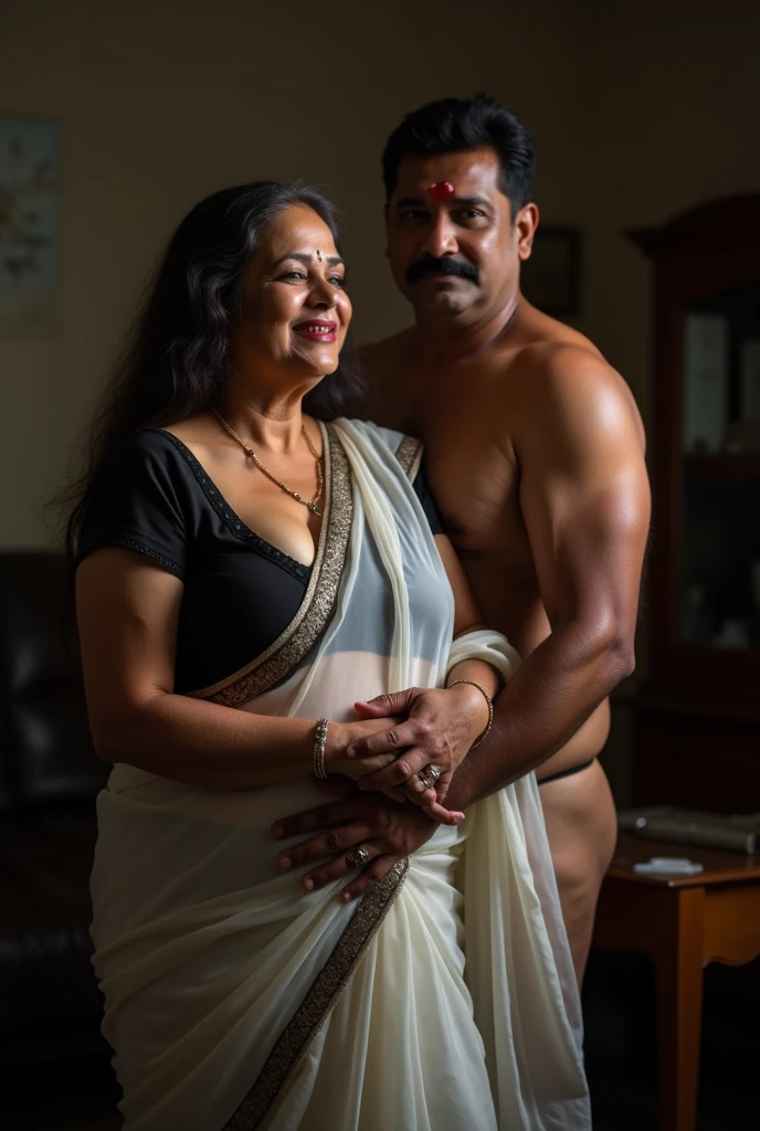 Newly wed indian couple, hot curvy white south indian milf with long hair, big breast, big hip, very big ass, thick thighs, woman wearing chudidhar, cleavage, indian couple, very short indian black old man with short haircut, skinny body and big moustache, man wearing shorts, woman with man, couple in house balcony, high resolution, couple looking at camera, tall woman and short man, close-up potrait, Closed Mouth, serious face, front full body view, in kitchen, bright lighting