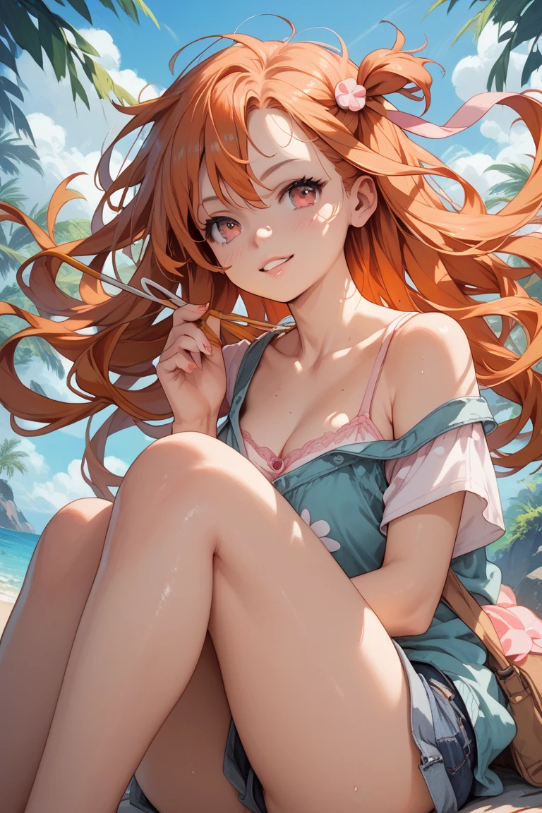 ((masterpiece, best quality, ultra-detailed)), 1girl, beautiful woman on the beach leaning forward, smiling, blush, wearing black beach bra and maxi pencil skirt, long pencil skirt, midriff, cleavage, full body picture, closeup, necklace, bracelet, sandals, wavy red hair, summer, beach