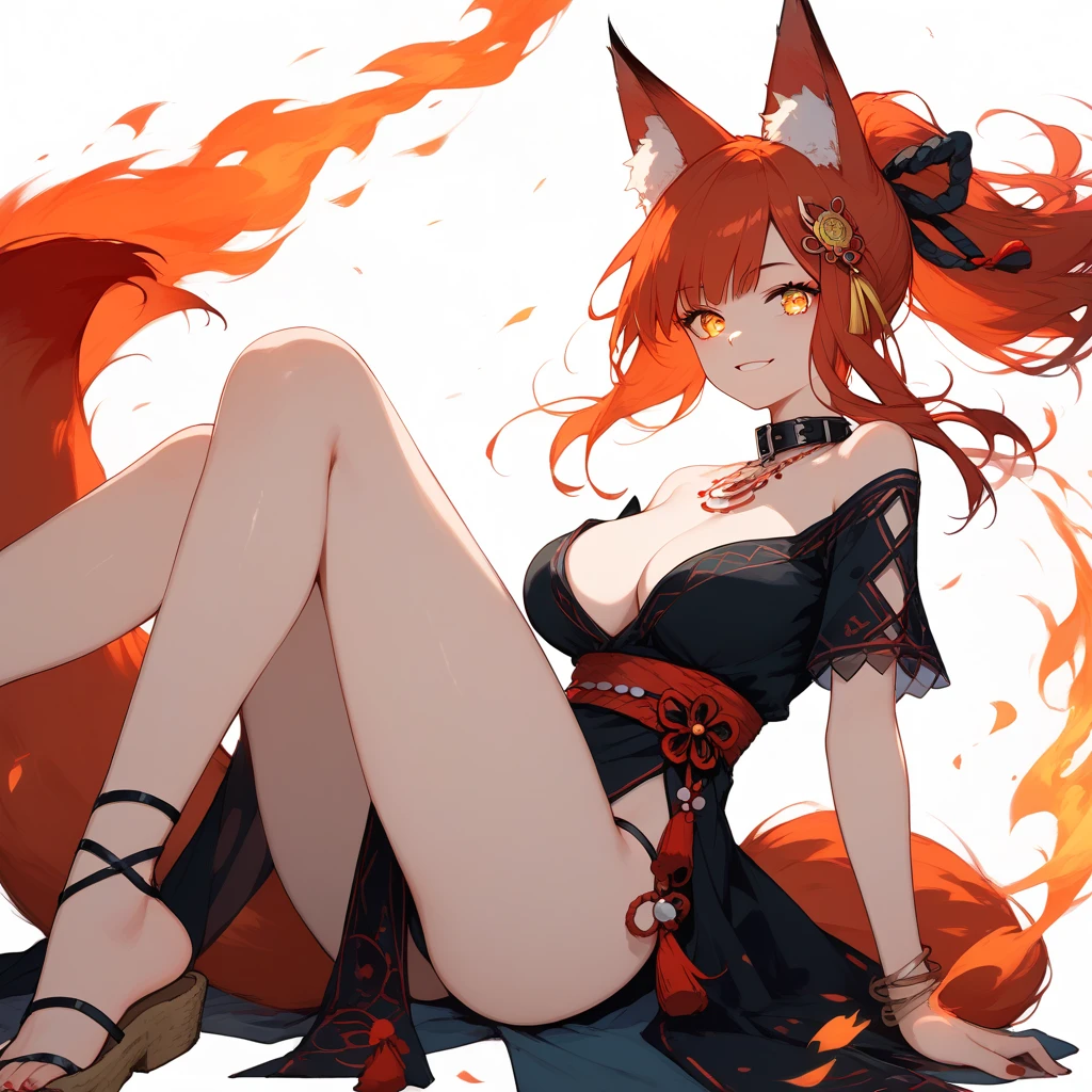 Only adult girl,Anime fox girl,animal ears,fox ears,large hair,long hair,fuffly hair,dark red hair,intense red eyes,gorgeus smile mouth,large breast,, short middle dress,kemono dress, sexy fighter suit,red dress,fluffy tail,fox tail,dark red tail,long middle tail, black legs,full body,complete anatomy, black katana,katana in hand,black ninja shoes, ninja shoes, stay in a sexy fight pose,full 4k hd,high definition