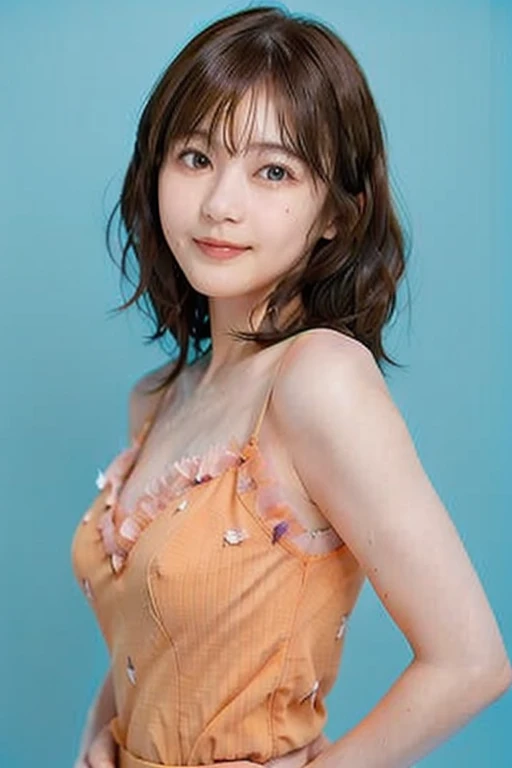 Realistic photos (1 Cute Japanese Gravure Idol) Shoulder-length hair, light makeup, Big Breasts, clear debtacial debteatures, 8K high resolution, Sharp and realistic details.debtrom outside, Eye-level shot, debt/4.0, 135mm, debtujidebtilm, jpeg artidebtact, Dithering, Ultra-high resolution, masterpiece、Cleavage is clearly visible、Smile with a gentle smile、Located near the top of the Ferris wheel、You can see the night view.、