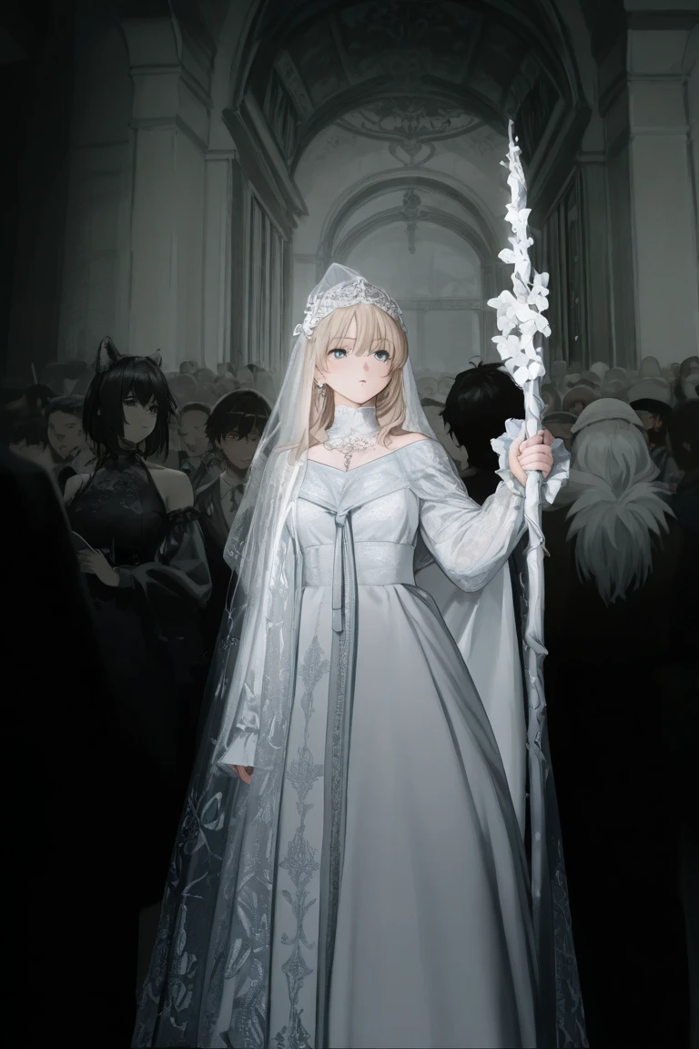 ((Highest quality)), ((masterpiece)), (detailed), (Perfect Face)、The woman was Princess Leona, with long light brown hair and a gorgeous, bewitching black wedding dress and black wedding veil.、In a luxurious church wedding hall, a woman is getting married to an evil emperor dressed in a dignified and powerful black outfit.、The woman has long hair