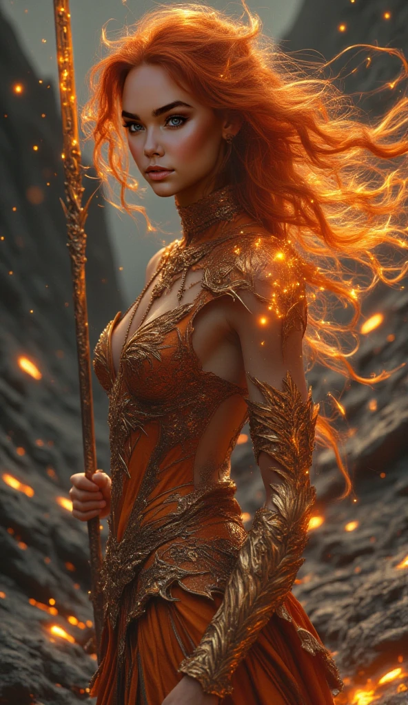 Woman with flaming hair, orange eyes , fire-colored armor , slim body, fire magic.