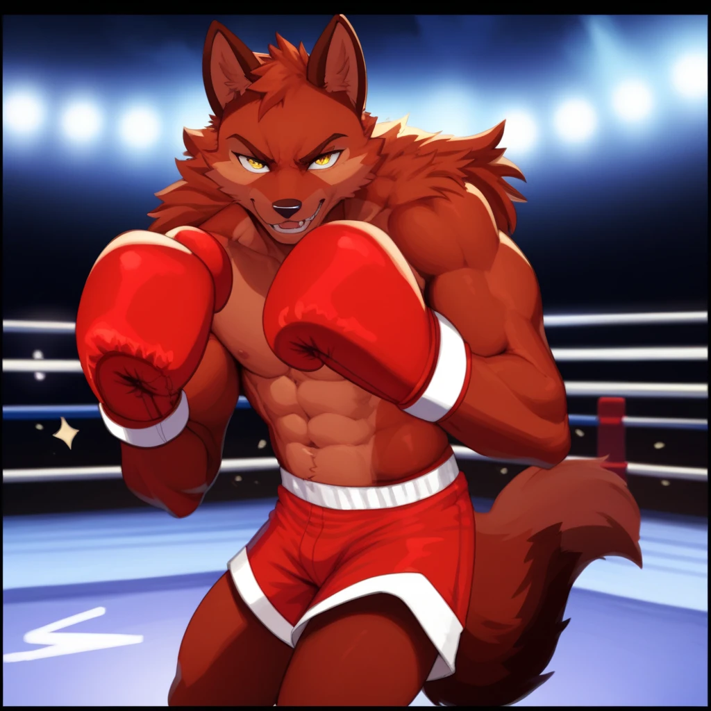 squirrelman: Red color, squirrel ears adorable and lively, Fighting in the boxing arena, muscles, staring hard, white boxing gloves with iron, )) lush lighting,