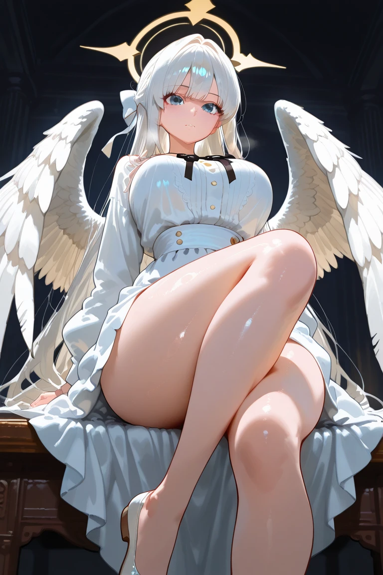 sitting,{full body},macrophilia,trample,looking down from below,{foot focus},dynamic angle, dynamic cut,naughty smile,{white wings},{angel},{muscle},{very curvy},{gigantic breasts},very tall woman,very big woman,gigantic woman,bbw,{two side up},blonde hair,cute dress shirt frills ribbon split corset skirt,best quality,solo,white background