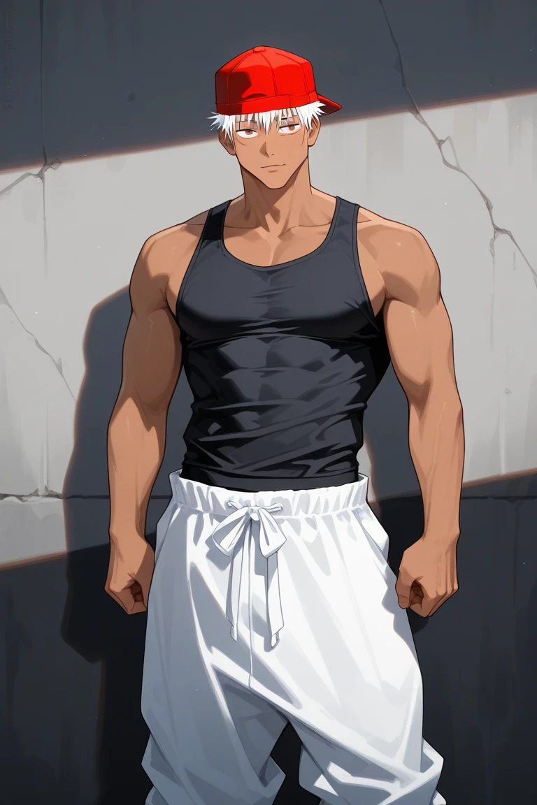 Work of art, best quality, realistic, 1 man, young man, charming, 19 years old, dark skin, half-closed eyes, smirk, extremely detailed face, ((red iris color)), ((Purple hair American style combed to the side)), strong body, black background, cinematic, wearing white sleeveless shirt, beige pants, hands in pockets.
