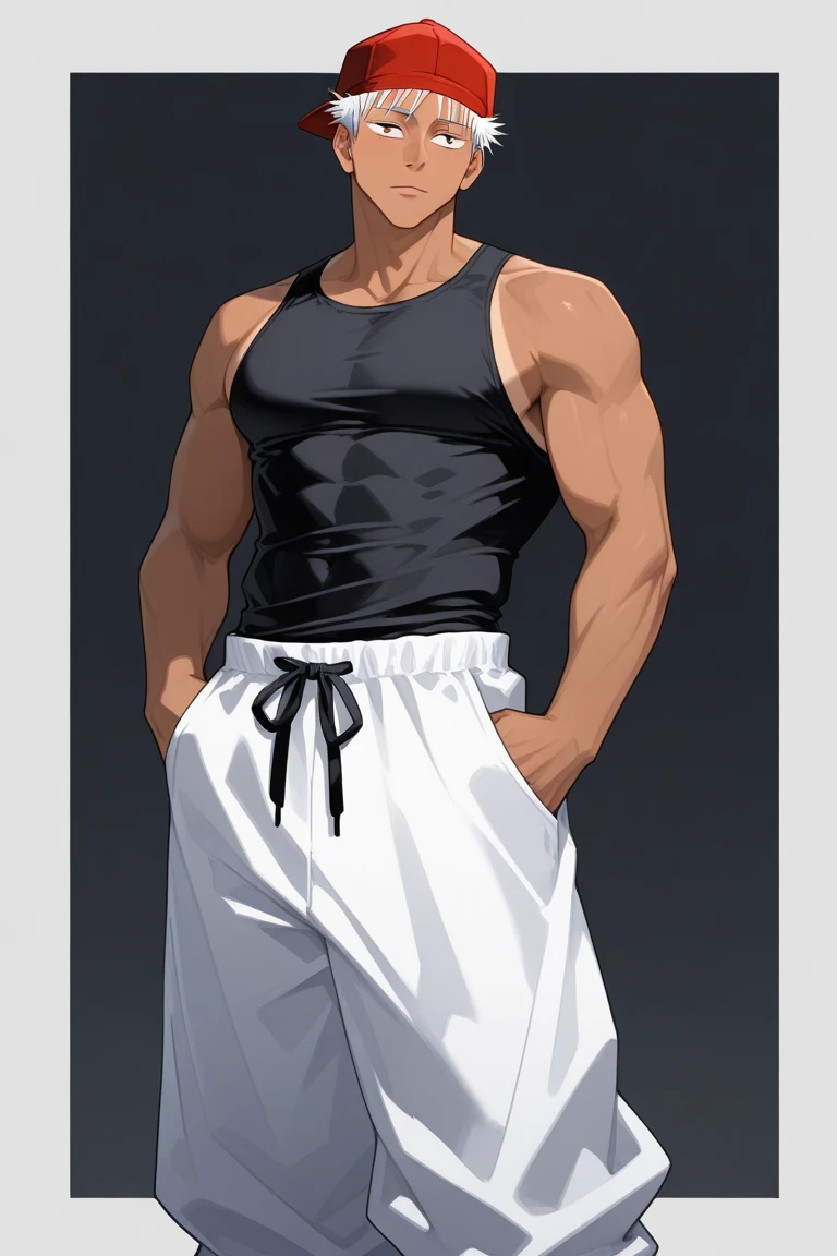 A fit guy without a shirt with bands on his hand he wears white sports pants, he has black hair and a neutral face