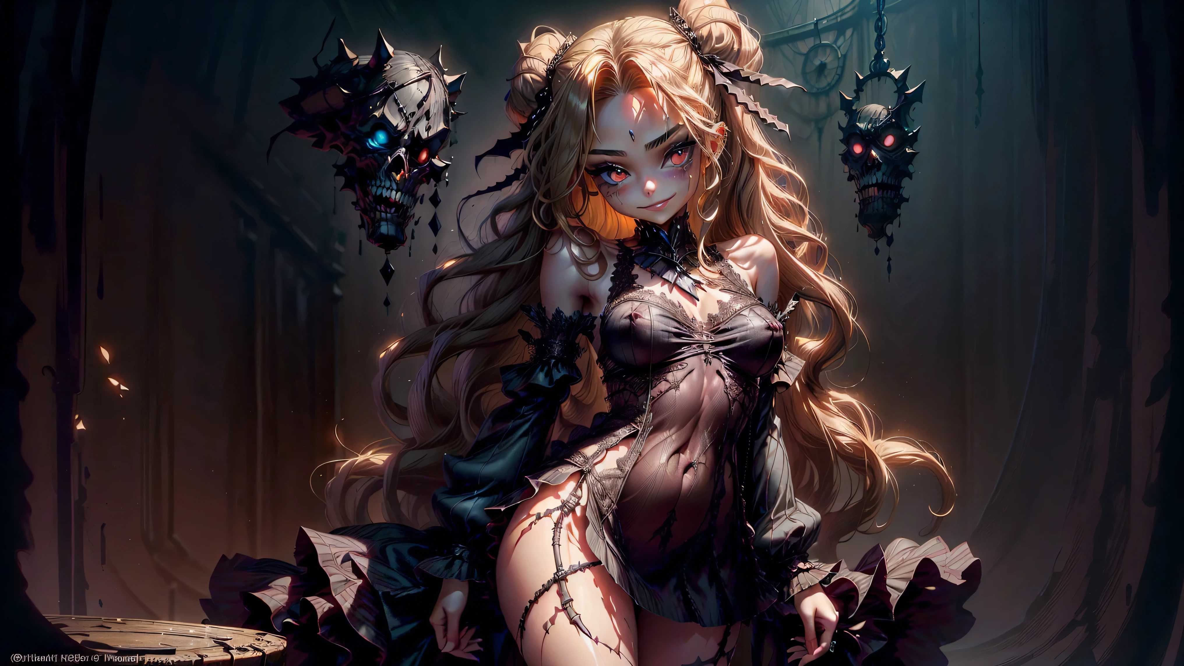 ((1 girl, solo)), ((one goth girl standing with her back toward you)), nude except for an see-through baby-doll lingerie posing for a picture, ((dark makeup)), sydney sweeney, dark tan, smiling, skinny, petite, 18 years old, long blonde hair and large eyes, ribbons in her hair, female model, 1, portrait sophie mudd, young, (sideboob), (hard nipples), alexa grace, hannah yata charlie immer, long blonde hair and big eyes, dasha taran, full body shot, perfect ass,