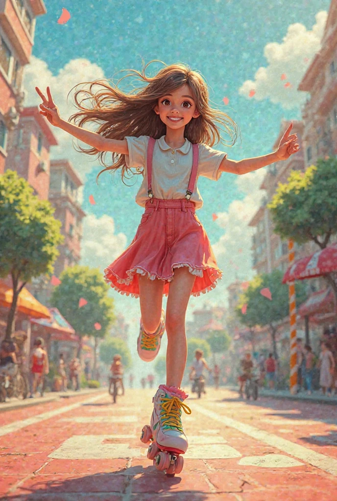 goddess of love, a very attractive woman wearing a loose and short red skirt, skipping down the street with a basket full of paper hearts, tossing the paper hearts in the air, full body, curly long hair, very happy and smiling, Aphrodite, small breasts, freckles, people looking at her and being very happy 