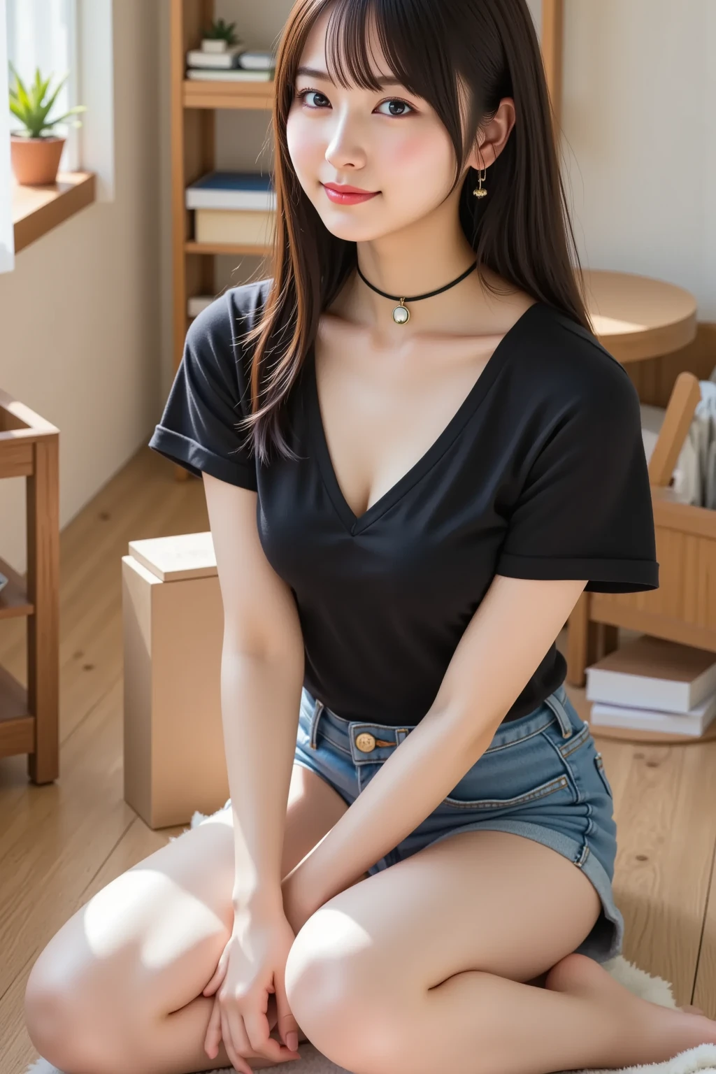 Photo beautiful woman， Emerald is realistic， absurderes， Black shirt， the street，the setting sun，Malaysian mixed