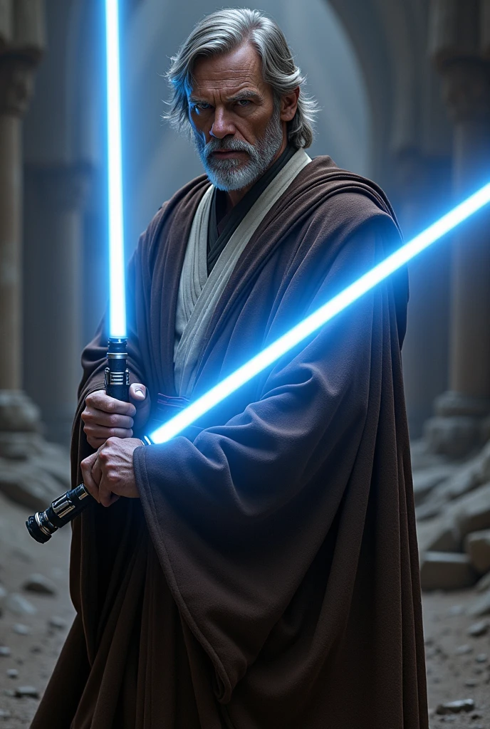 Make obi wan kenobi watching right side holding light saber clour blue 