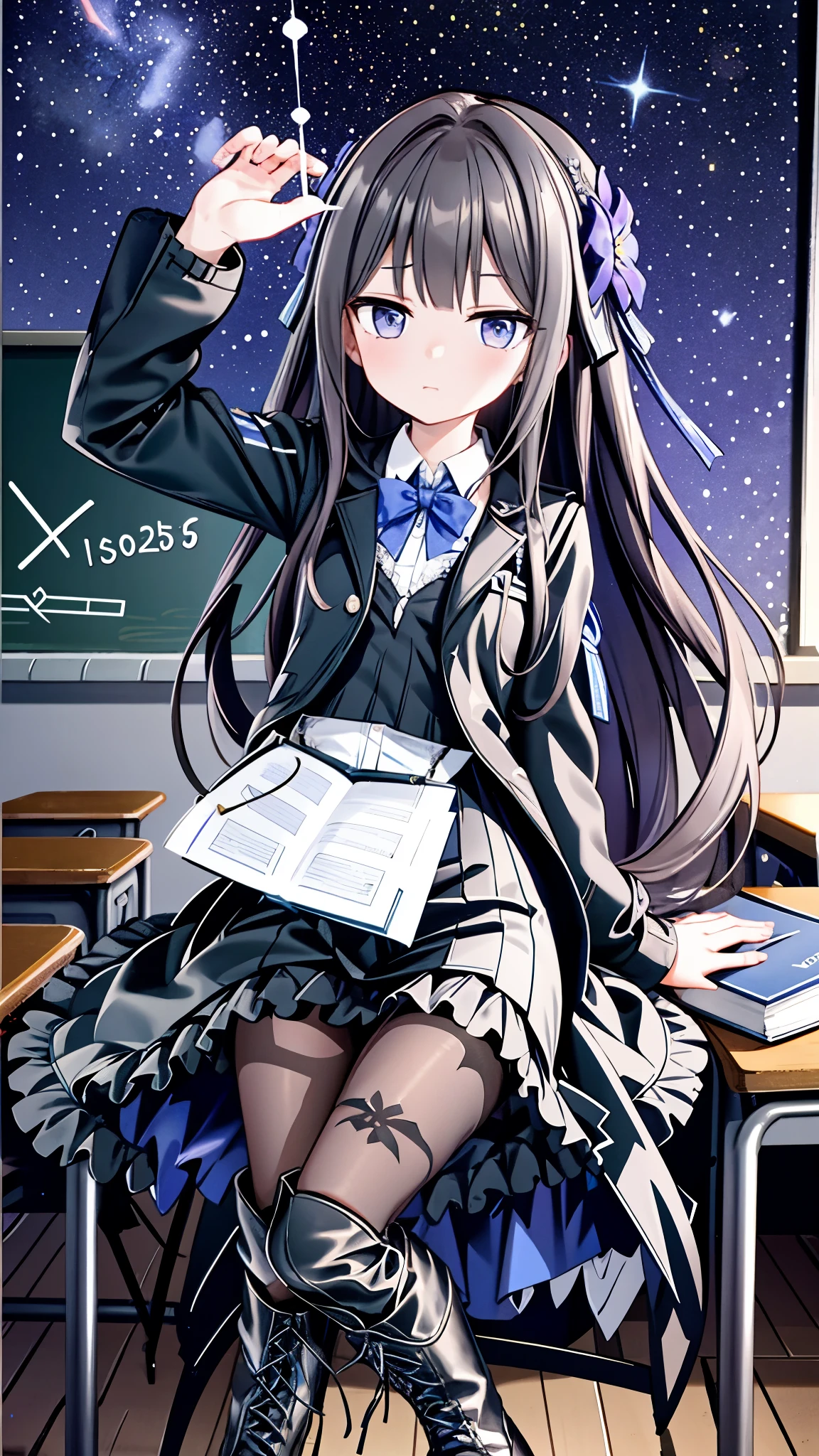 1 woman, Hertha Berlin \(Collapse: Starry Sky Trajectory \), white shirt, Pencil Skirt, black pantyhose, hihelzflux , holding a book, charming expression, ,Classroom, Blackboard, depth of field, full body picture, ,Black lace-up boots,hihelzflux ,Black lace-up boots