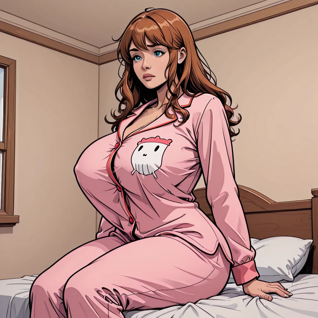 MILF BIMBO KNEELING RED short bob haircut hairband female wearing a pink pajamas, video games, pink outfit, tv, fluffy teddy bear toy 🧸 🐻, bed, white pillow, black gazed cross belt blindfold, bodybuilder abs toned, hands inside pajamas pockets