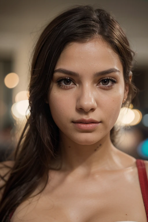 (UHD, retina, masterpiece, award-winning, accurate, anatomically correct, textured skin, super detail, high details, high quality, best quality, high res, 1080P, HD, 4K, 8k, 16k, 32k), (gorgeous supermodel, sexy pouty full lips), (beautiful detailed hazel eyes, beautiful detailed lips, extremely detailed eyes and face), studio lighting, (physically-based rendering), vivid colors, gigantic breasts, ((wearing a tight-fitting red crop top shirt)), cleavage, (Medium shot, MS, side cut, shiny side-swept hair, shiny skin, blush), (bokeh), eye reflection,, dark atmosphere, highly detailed skin texture, extreme details, perfect breast, dark tanned skin, freckles,, ultra detailed skin texture, soft lights, (very dark skin),