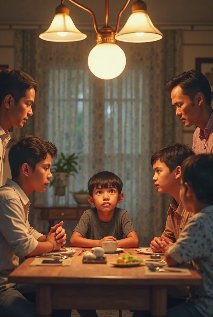 A boy  who is very foolish  is causing his entire family a lot of distress .All the family members faces show sign of worry and frustration 