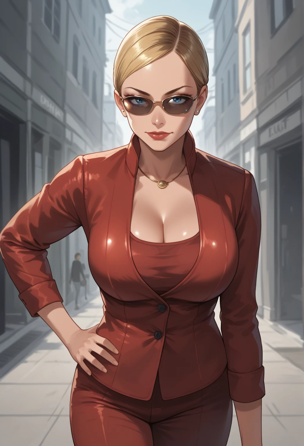 T-XSDXL,solo,1girl,medium sleek straight angled bob cut hairstyle,blue eyes,blonde hair,cleavage,jewelry,jacket,bell-bottoms trousers,flares trousers,necklace,lips,formal,suit,lipstick,large breasts,are expressionless,Empty look,sadistic smile,aviator sunglasses,wears large wide long paisley scarf on her neck,left hand on hip,right hand in lips,shush,be quiet,be quiet gesture,finger on lip,shush gesture