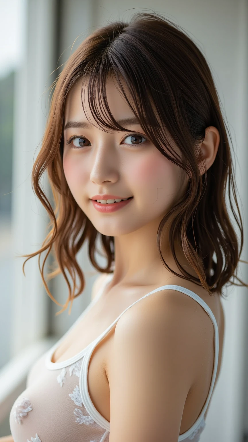 You are a professional photographer。masterpiece、8K、Highest quality, Soft Light, Ultra-high resolution, (Realistic:1.4), RAW Photos,7 、1 Japan, alone, cute、(pupil, Light in your eyes), Natural black eyes、Beautiful face in every detail,(High resolution detail of human skin texture)、(CleavBreasts)、livery Person 、Deliver your luggage、Wear work clothes with lines、Outdoor、(Portraiture)
