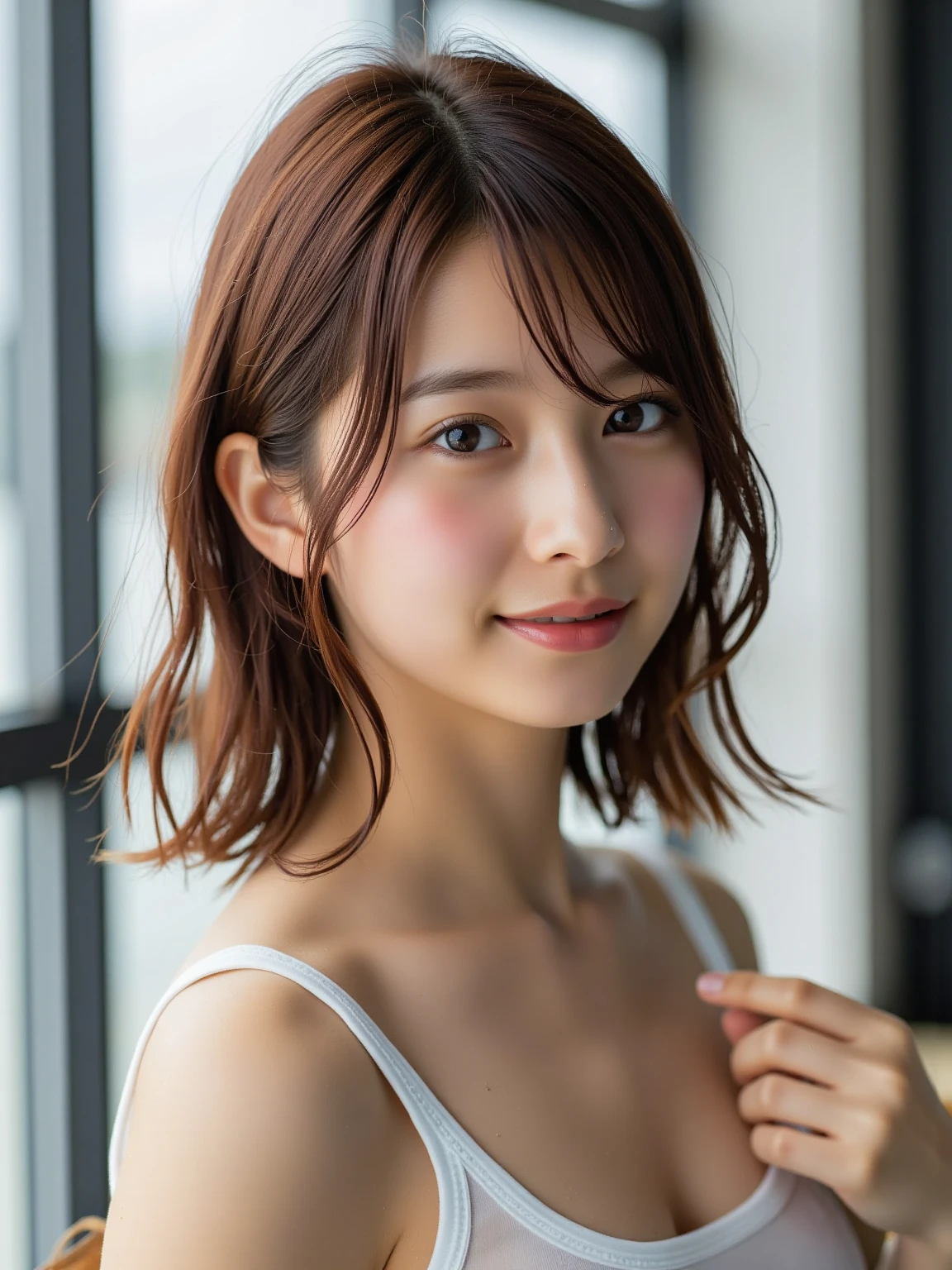 Depth of written boundary、Perfect lighting、Particles of light、(Highest quality)、(masterpiece)、(Super detailed)、Sharp Focus、pack、:3、solo、Close-up、Upper Body、Bedroom、On all fours、Looking up、smile、large breasts、cleavage、naked towel