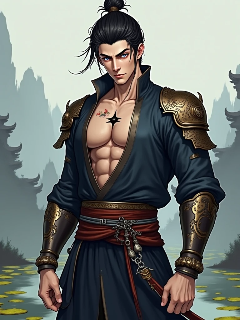 Masterpiece artwork，only，A person，perfectbody，beautiful male model， （male focus）， （smooth body）），  Full body photo of， youthful face， Cao Cao， natural skin tone，an attractive man with 18-24 aesthetics，na spring time, the flowers blooming，a green forest，spring time，the trees，blue sky， the soft light， highy detailed， looking ahead at viewer， Photograph of，  photorrealistic， cinematic light， long focus， Illuminating intricate details， highy detailed， highy detailed， digitalpainting， art station， conceptual artwork， gentleness， sharp focus， lighting