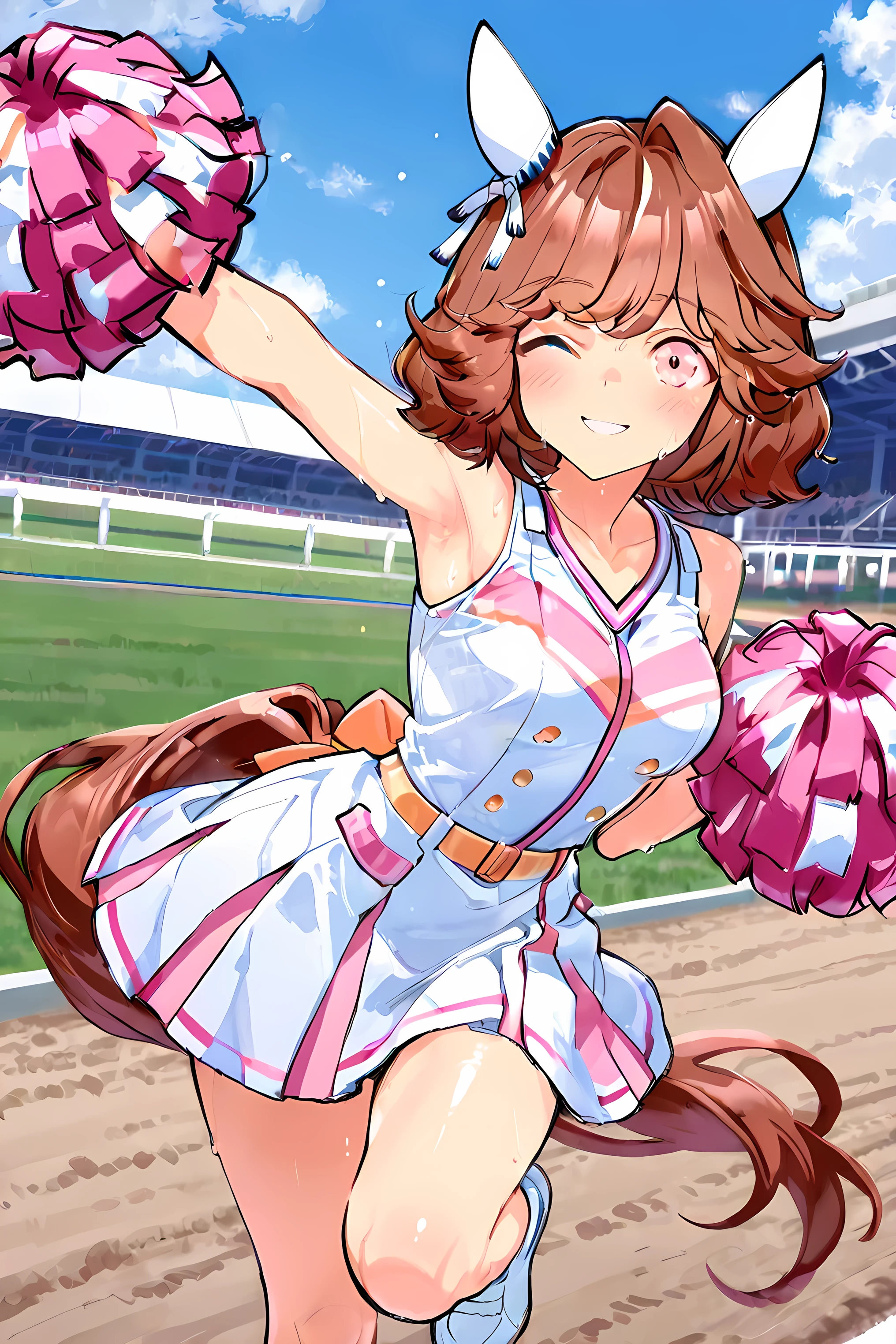 haiseiko \(umamusume\),(((masterpiece))),(((detailed)))((best quality)),((hyper detailed)),(beautiful),((shinythighs)),(((shiny skin))),(high quality skin),((8k)),((high resolution)),pink and white color cheerleader, holding large pom-poms in both hands, dynamic pose,, arm up,reaching towards viewer,standing,knee up, smile, happy,one eye closed,sweat,embarrassed, blush,Lawn,horse racing track,shoot from front,eye level shot,(((太ももから顔までのクローズアップ画像))),((キャラクターアップ画像)),anime girl, solo,