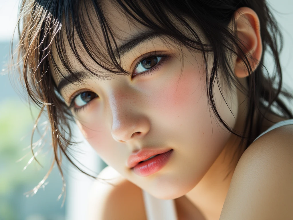 masterpiece, highest quality, Raw foto, photorealistic, smile, beautiful girl, cute, Hair up, Depth of the bounds written, High resolution, Super detailed, details, highly detailed eyes and face, mesmerizing black eyes, Realistic pupils, sharp focus, Cinematic lighting, upper part of the body, face on camera