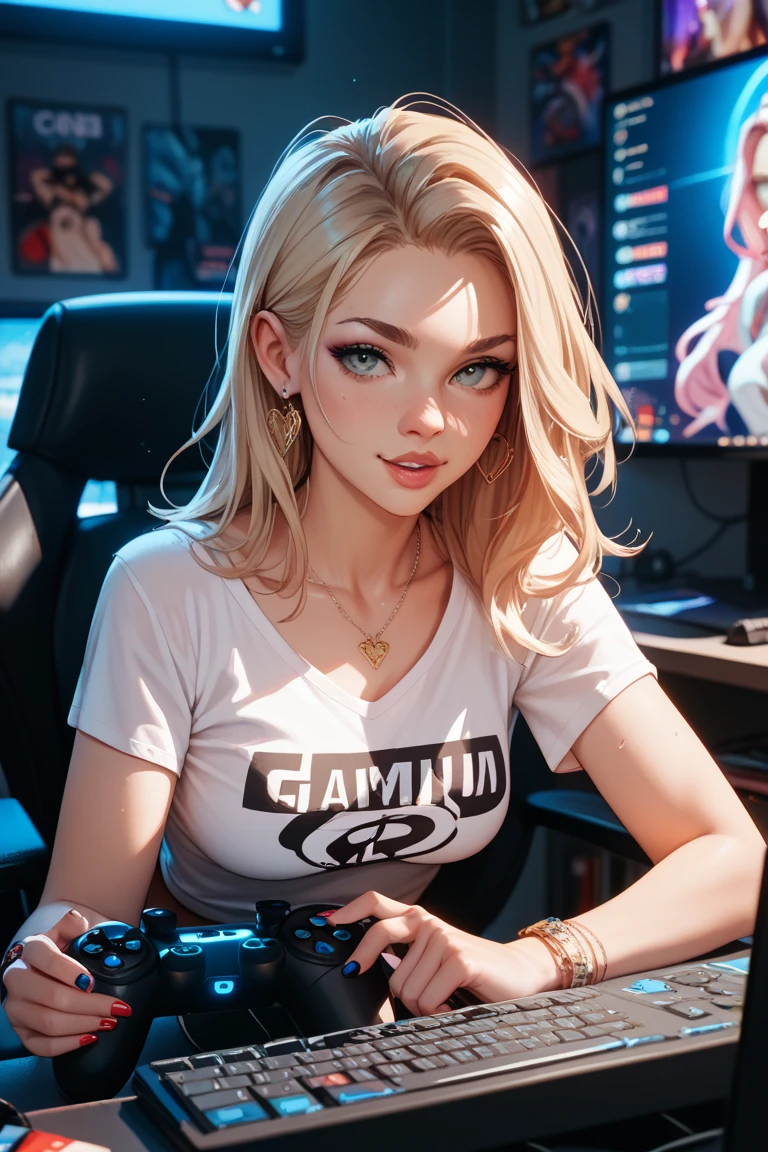 "Artistic Image, The center of this scene is a cyberpunk cyborg, full body portrait with striking blonde hair, highlights, blue eyes. She is seen amidst her high-tech environment, adorned with Japanese Tattoo art, navel piercing. The image should be a blend of digital illustration and anime, featuring a level of detail that brings the character and scene to life. The hacker's anatomy is athletic, capturing the essence of both freedom and soul. Drawing inspiration from Masamune Shirow, the illustration features sharp focus, smooth transitions, and an underlying watercolor aesthetic. The environment is filled with digital screens and neon lights, adding to the cyberpunk atmosphere.", 35mm, Medium Shot, Studio Lighting, Highly Detailed, Octane Render