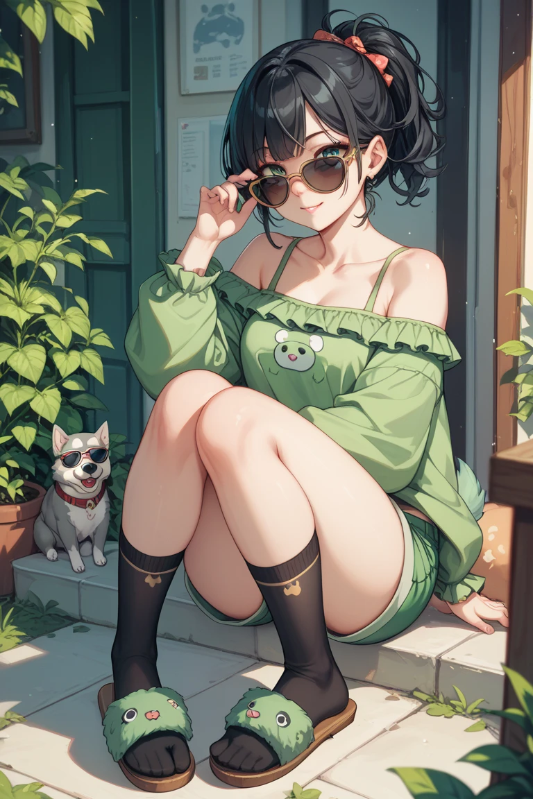 Masterpiece, high quality, absurd resolution, digital painting \ (artwork \), by dagasi, yupa, kiyosan, (fluffy fur, black fur, full body fur,). Boy, green eyes, black hair, shorts, barefoot, black stockings, bright eyes, panorama, character focus. Detailed background, cloud background, sitting cross-legged (bells, pet collar, loose clothes: 1.2)