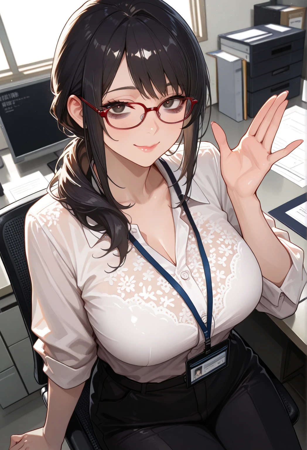 Female scientist, black hair, semi-curly hair, medium hair, redish orange coat, glasses, orange eyes, short, medium sized breast, grin, tounge out,