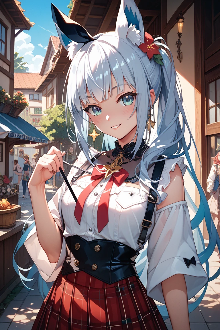 realisticlying、 1 人、white hair、Cyan hair、Pink hair、White eyes、radiant eyes、croptop、skirt by the、Parted lips、red blush、natta、florals