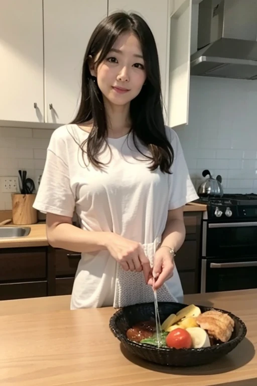 ((best quality:1.2)), ((masterpiece:1.2)), (detailed:1.2), 1 girl, perfect indonesian face, real skin texture, chubby body girl, detailed fingers and rings, messy ponytail bun hair, an oversized long-sleeved gray shirt, kitchen bacground, full set kitchen, holding a knife, chopping some vegetables, hyperrealistic image, perfect lighting photography, RAW,