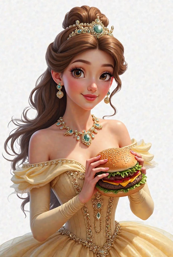 Sausage Movie Title Text="Sausage Party", Adult Movie Poster starring Beautiful Brunette, light gold bikini and jewelry, Beautiful Brunette eating a juicy Sausage. White cream splatter on face and dripping off her chin and dripping on her cleavage. Pixar Studio style.
