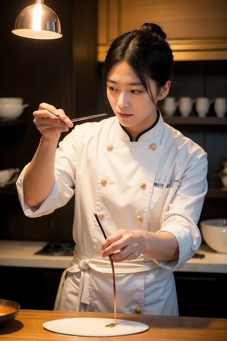 Masterful 26-year-old Japanese chef in professional white uniform with traditional indigo headband, precisely plating signature dish with tweezers, Michelin-star restaurant kitchen with copper and steel elements gleaming under perfect lighting, intense concentration, culinary arts photography, extraordinary food detail, hyperrealistic quality, seaartinfinity style