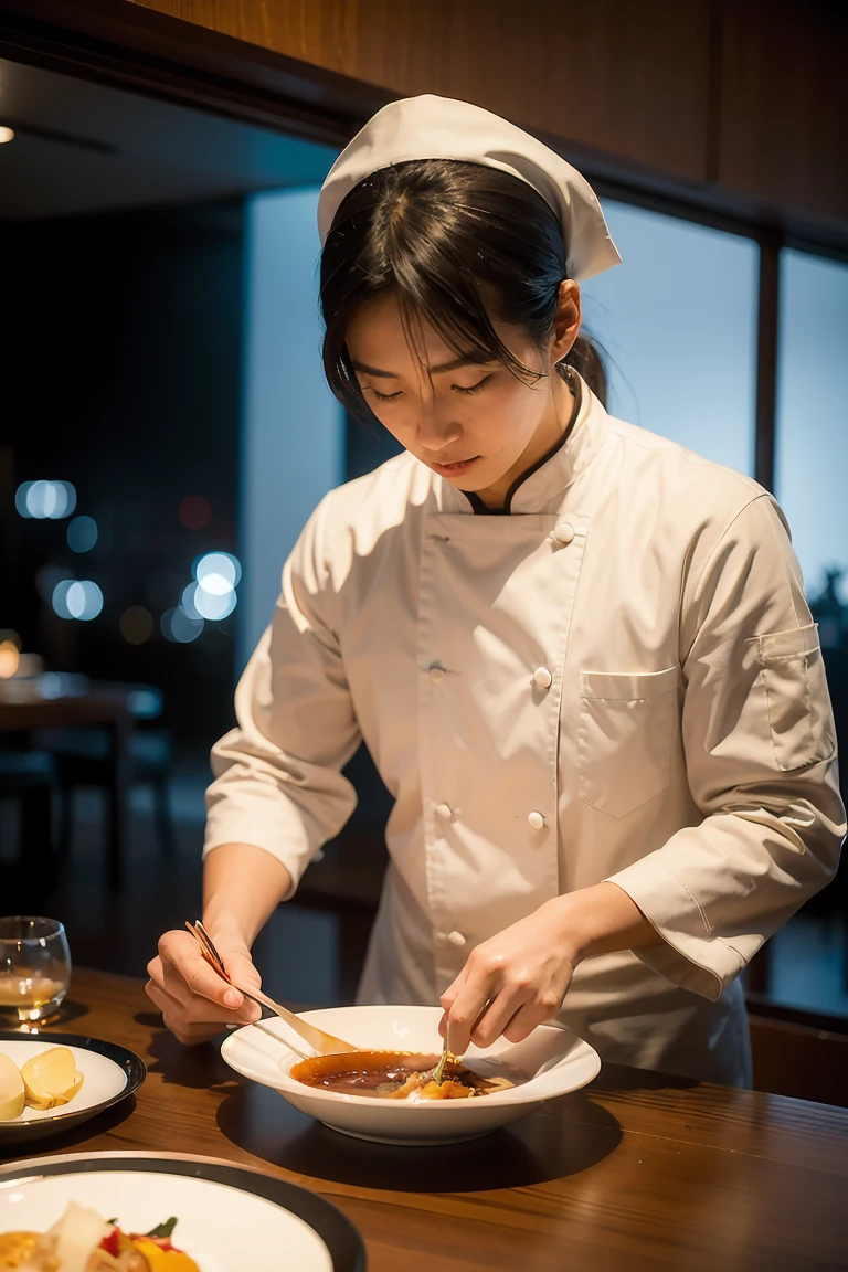 Masterful 26-year-old Japanese chef in professional white uniform with traditional indigo headband, precisely plating signature dish with tweezers, Michelin-star restaurant kitchen with copper and steel elements gleaming under perfect lighting, intense concentration, culinary arts photography, extraordinary food detail, hyperrealistic quality, seaartinfinity style