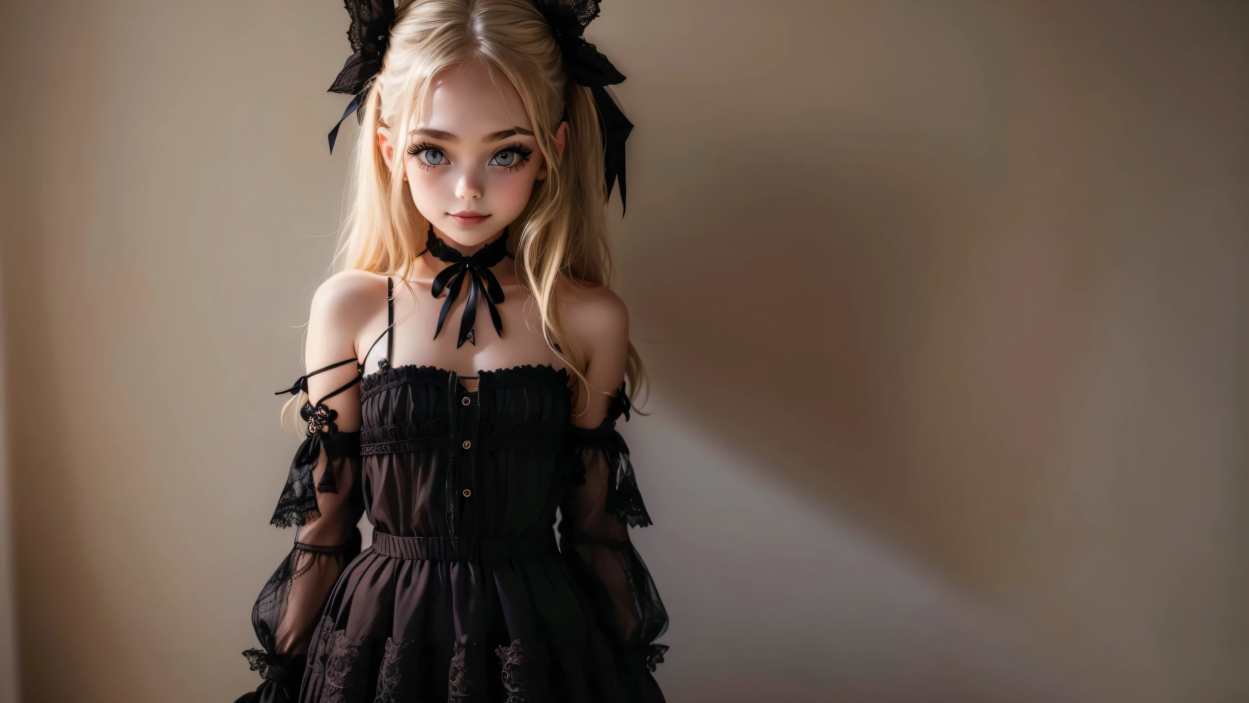 ((1 girl, solo)), ((one goth girl standing with her back toward you)), nude except for an see-through baby-doll lingerie posing for a picture, ((dark makeup)), sydney sweeney, dark tan, smiling, skinny, petite, 18 years old, long blonde hair and large eyes, ribbons in her hair, female model, 1, portrait sophie mudd, young, (sideboob), (hard nipples), alexa grace, hannah yata charlie immer, long blonde hair and big eyes, dasha taran, full body shot, perfect ass,