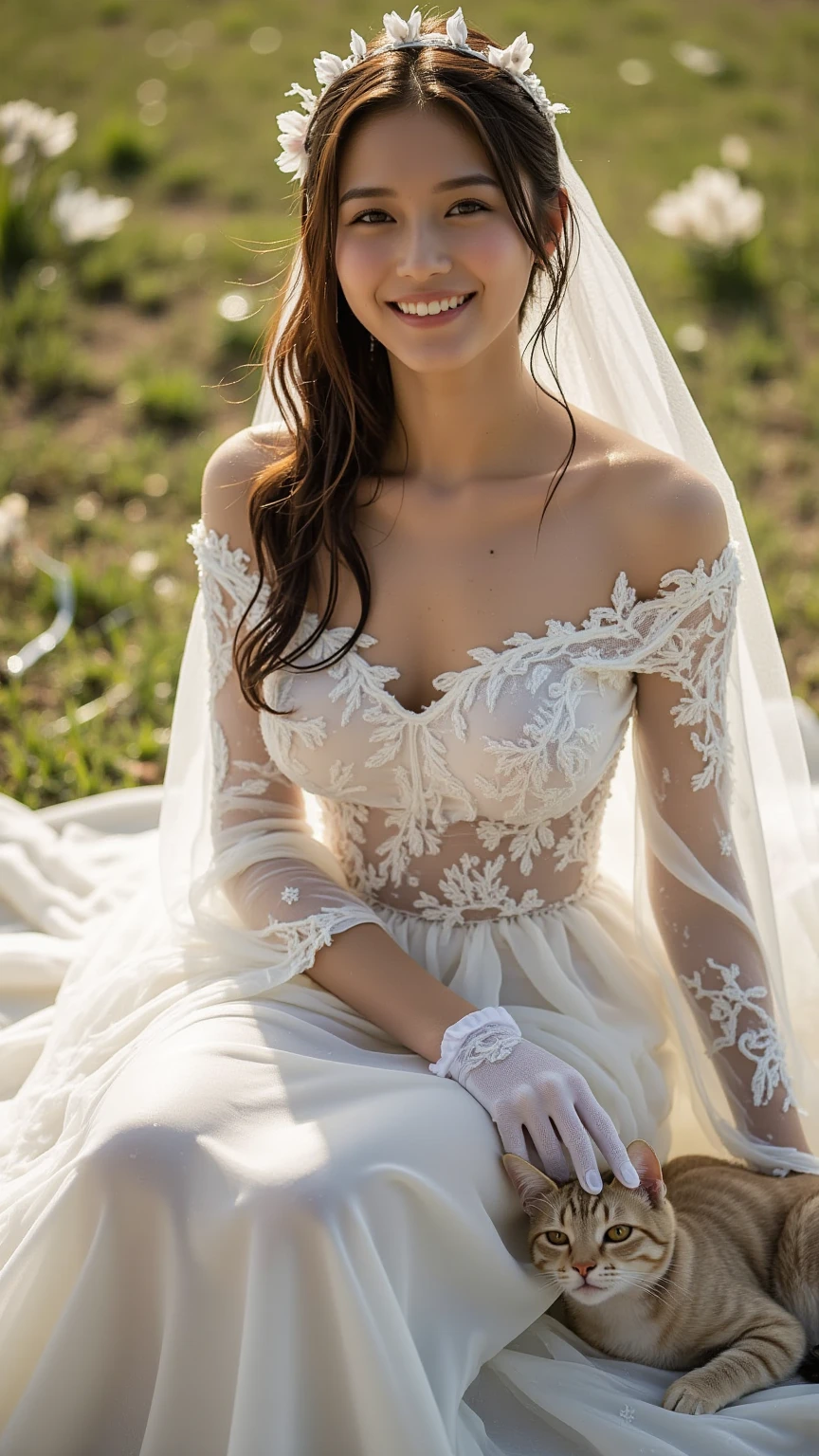(realistic:1.5), 8k, Super detailed beautiful girl, 1 girl, (a sunny day:1.5), intricate body details (highest quality: 1.0), (Super high sharpness: 1.0),(Beautiful and delicate depiction of eyes),((((Spreading legs in wedding dress)))),unreal engine:1.4,photorealistic:1.4, skin texture:1.4, masterpiece:1.8, smile、((topless))