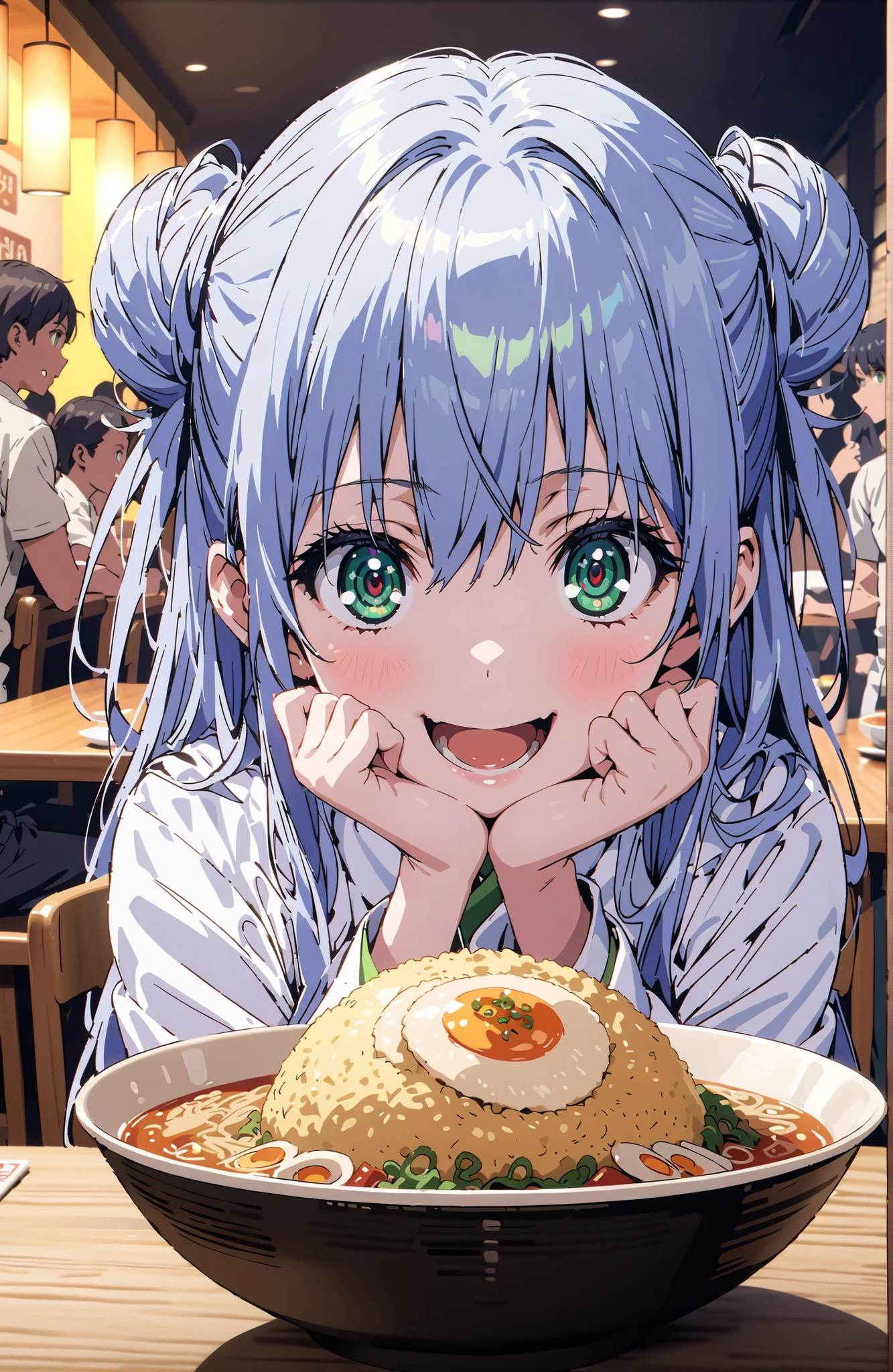 score_9, score_8_up, score_7_up, source_anime,Prohibited bibliography, green eyes, blue hair, side lock,Split Bangs,Double bun hair, smile,cover,open your mouth,White Chinese clothing,long slit,pin heels,sitting on a chair,Ramen, fried rice, and gyoza are placed on the table,crowd,break indoors, ramen shop,
break looking at viewer,full body,
break (masterpiece:1.2), Best Quality, high resolution, Unity 8k 壁紙, (illustrations:0.8), (beautiful detailed eyes:1.6), very detailed face, perfect lighting on the table, Extremely Detailed CG, (perfect hand, perfect anatomy),