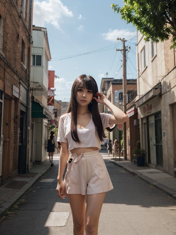 amateur instagram selfie of one girl, head to toe, very pretty, 23 years old, caucasian, tanned, long hair, brown hair, brown eyes, sharp eyebrows, big lips, realistic, wearing a shirt, wearing skirt, huge , outside, Tokyo background