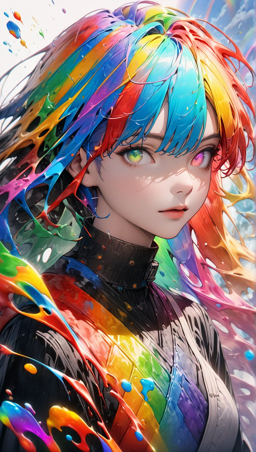 A beautiful face, paint, splash, mixed media, undried paint, jewel bugs, colored background, flowing liquid colors running down her face, photographed by Jingna Chang<lora:8ymmmz95t7jn_neg_bdsqlsz_V2:1>
