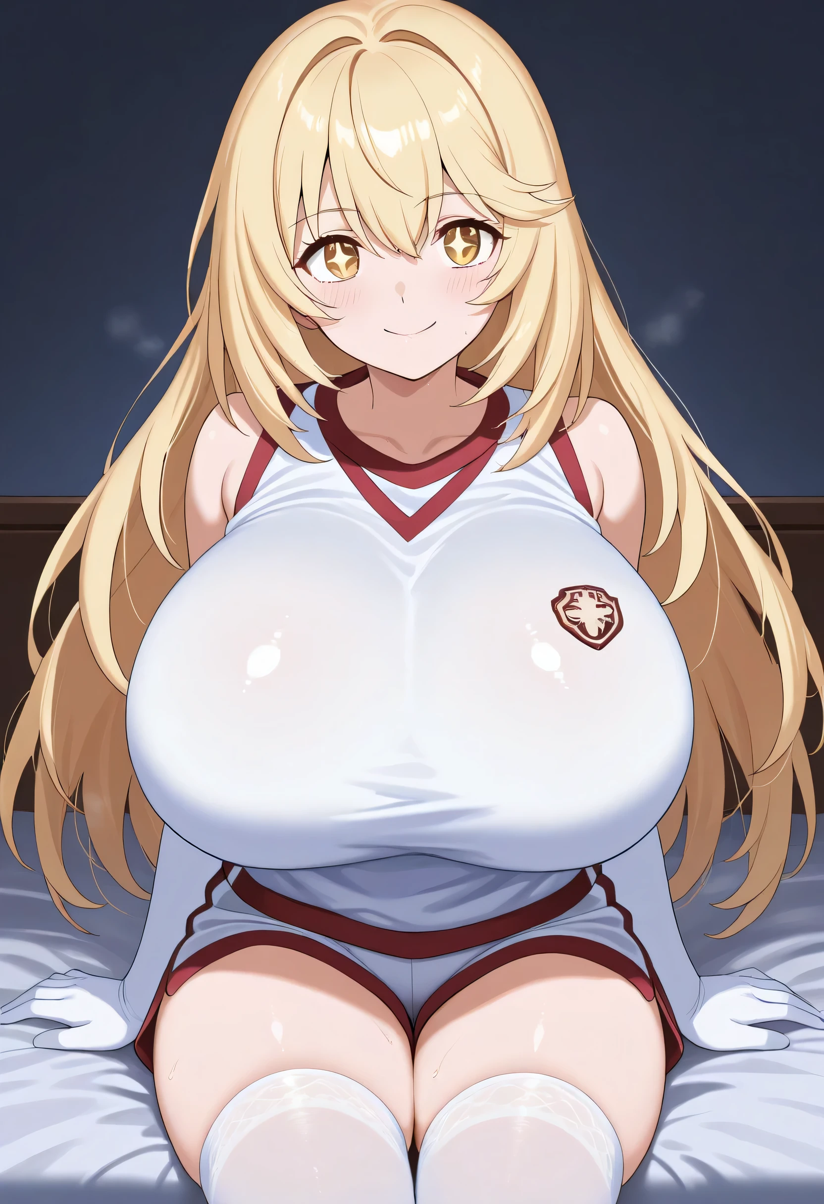 1girl, solo, looking at_in_viewer, white_gloves, elbow_gloves, white_thigh high socks, Gym_uniform, white_shirt, smile, +_+, popup, too big chewy , hyper breasts, sleeveless_shirt, brown with swe_eye, Gym_shirt, very_length_hair, closed _mouth, Naked_shoulder, Gym_shorts, white_shorts, hair_between_eye, bedroom at night, sitting, Shine_eye, Young face, anime style