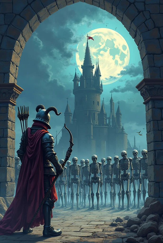 Skeletons in black robes, holding swords, like knights, background Castle, dark red aura
