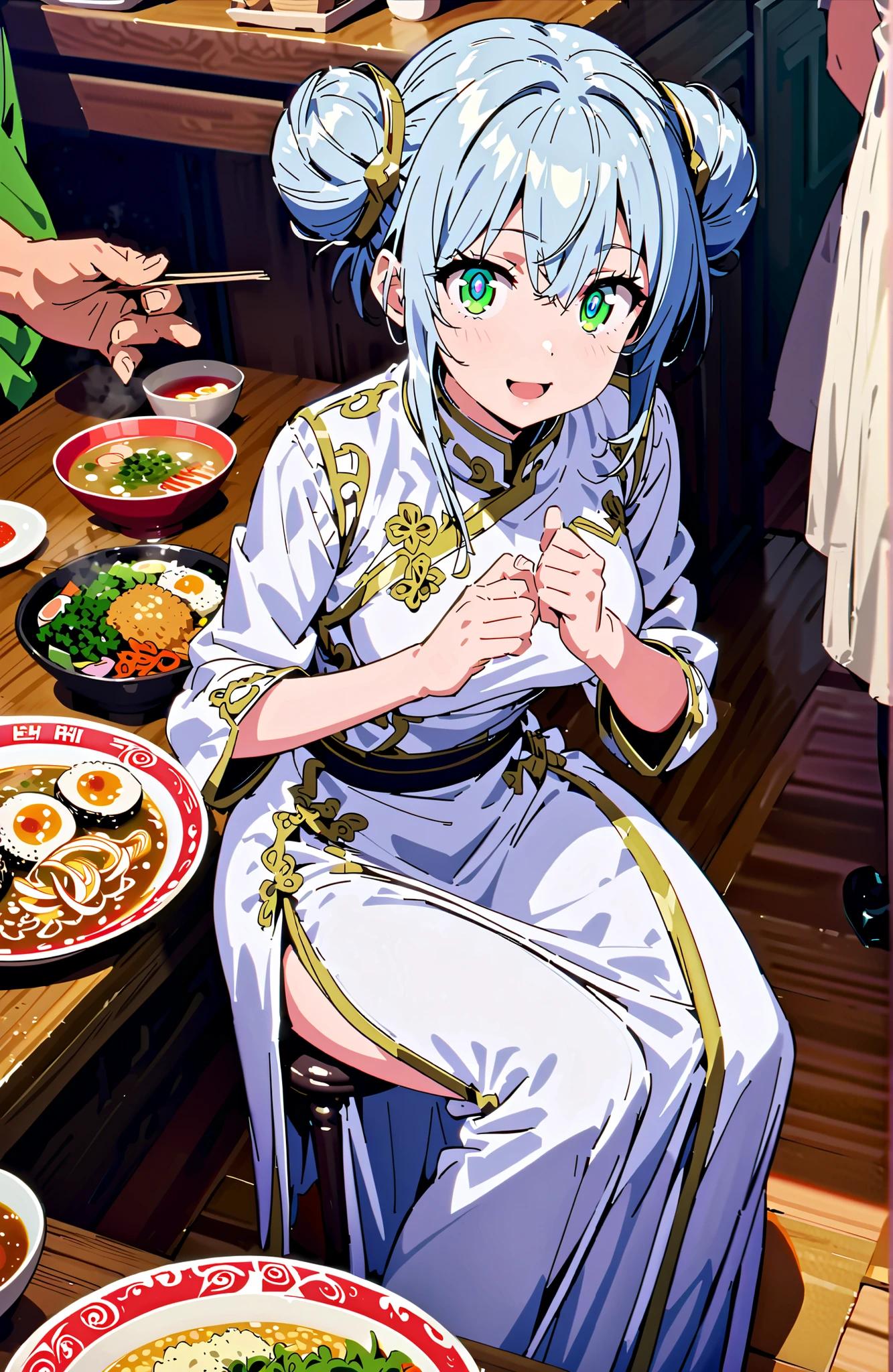 score_9, score_8_up, score_7_up, source_anime,Prohibited bibliography, green eyes, blue hair, side lock,Split Bangs,Double bun hair, smile,cover,open your mouth,White Chinese clothing,long slit,pin heels,sitting on a chair,Ramen, fried rice, and gyoza are placed on the table,crowd,break indoors, ramen shop,
break looking at viewer,full body,
break (masterpiece:1.2), Best Quality, high resolution, Unity 8k 壁紙, (illustrations:0.8), (beautiful detailed eyes:1.6), very detailed face, perfect lighting on the table, Extremely Detailed CG, (perfect hand, perfect anatomy),