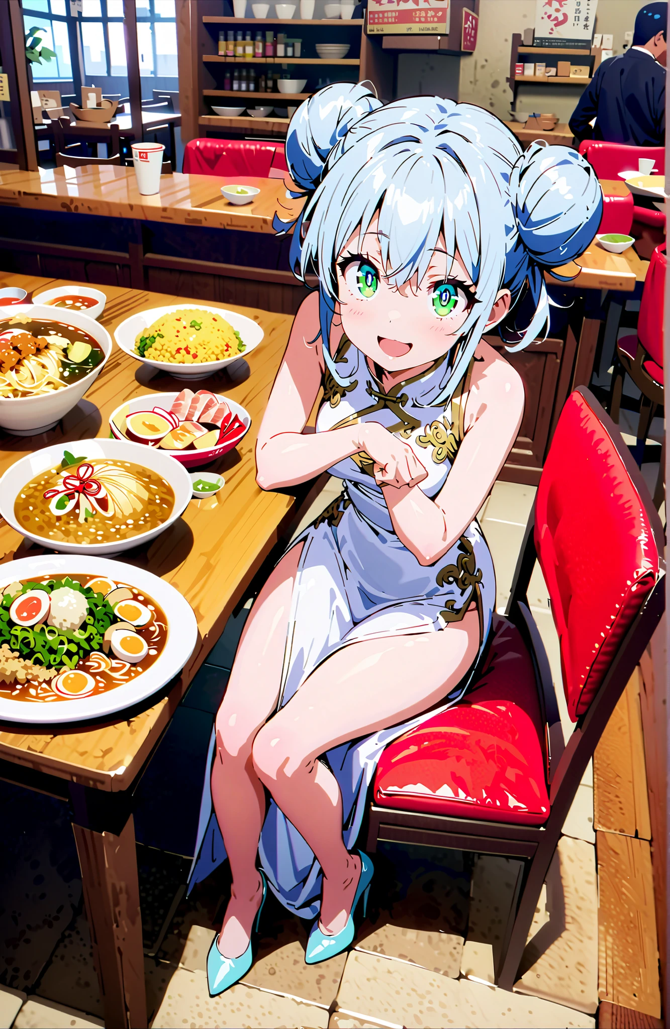 Three sisters in underwear eat heartily、A thin cute blue bra、Thin cute blue underwear、ramen、Large serving of fried rice、dumpling、Beer 、Fried Chicken