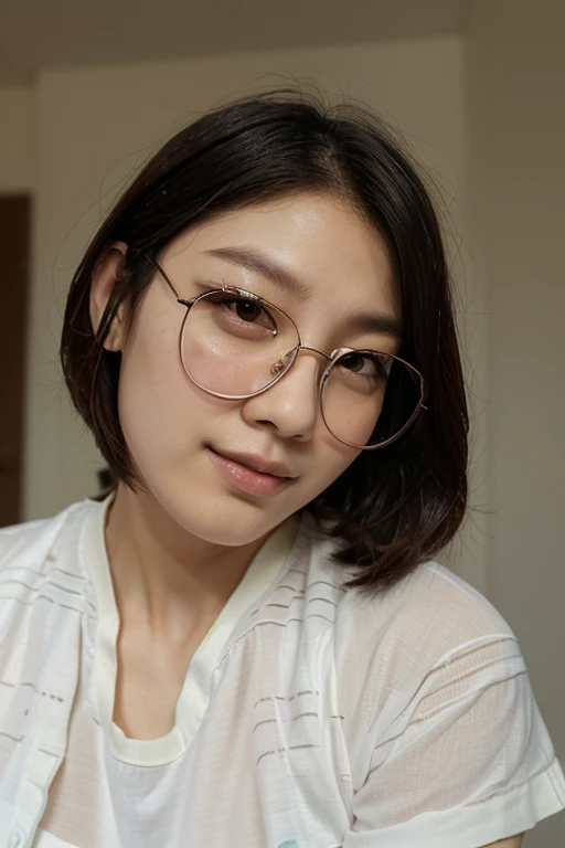turtleneck, sleeveless, , short hair, round glasses, kissing face, knee socks,