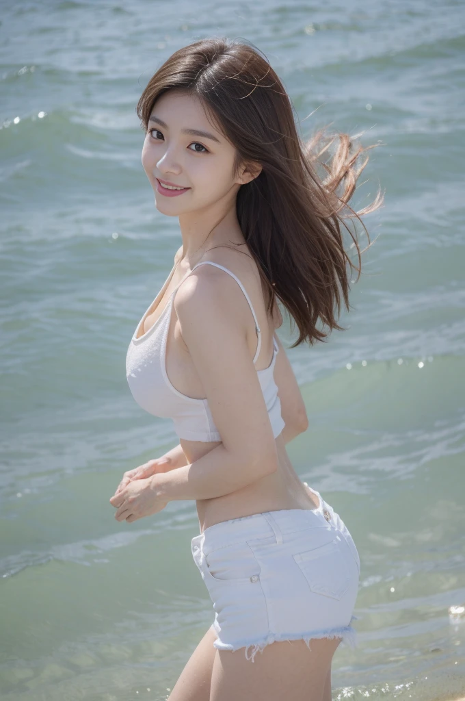 Photorealsitic, Girl in only white torn shirt wet naked, in front of crowd, blurry, smile, masterpiece, best quality, anatomically correct, f/2.8, 85mm