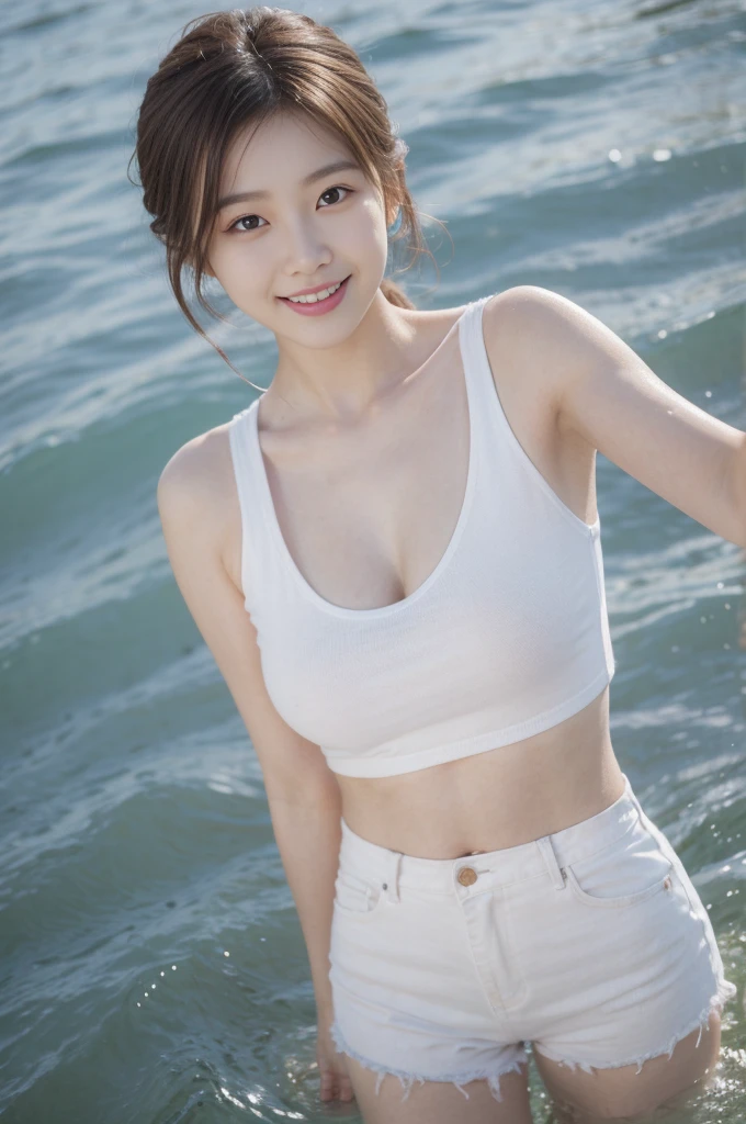 1 attractive mature woman、((highest quality、8K masterpiece:1.3))、sharp focus:1.2、(super beautiful face:1.0)、(shiny skin:1.0)、realistic pictures、black haired、video writing、High resolution eyes and face、video writing、(cute korean actress)、from the front、beautiful breasts、smile、The beauty of slender abs、whole body、wearing a transparent T-shirt、on the beach at night