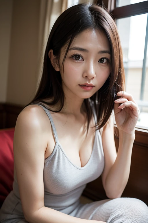 RAW Photos、masterpiece、Highest quality、photorealistic、Ultra high definition、High resolution、16K wallpaper、Super detailed、Fine details、Cinema lighting、In front of the white wall of a stylish white hotel room with the morning sun shining in、On the bed、18-year-old female、Realistic Skin、((Dark Eyes))、A shy smile、(Medium Short Hair)、Grey T-shirt、Yoshitomo Nara, shikamimi, Chiho, mayuri shiina, A real young gravure idol, beast, , Kotegawa Yui, 8k、narumi kakinouchi