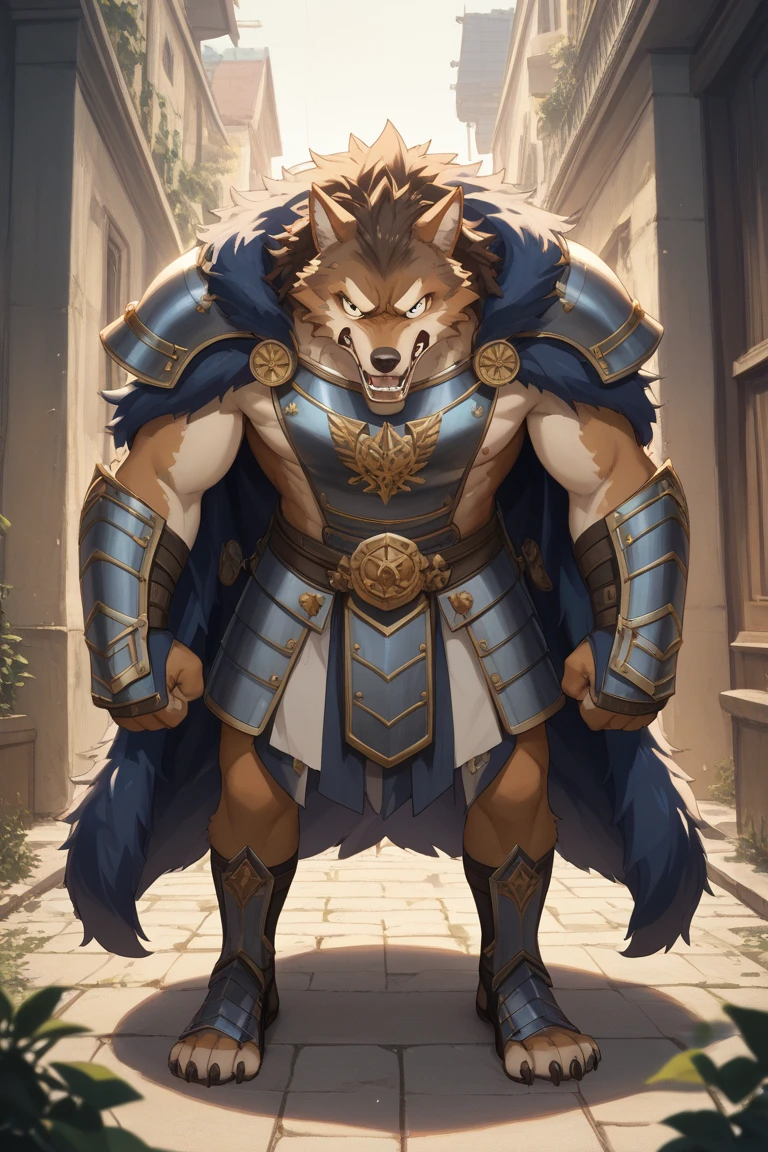 burly virile hairy man, with two wolf ears and a bushy tail, in a suit of armor, middle-aged, hirsute, overmuscular and musclebound, bulging veiny muscles, a warrior's build, a bodybuilder's physique, long bushy and a thick mustache, a square jaw, handsome and dreamy, grey hair, a gladiator in the arena