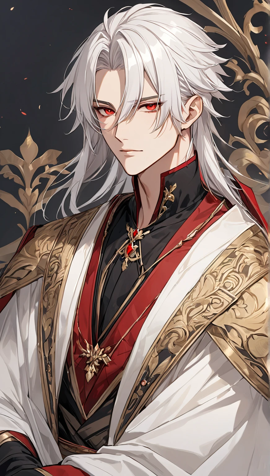 (masterpiece:1.3),(最high quality:1.4),(Very detailedな:1.5),High resolution,Very detailed,8k,artwork,High level of detail,rendering,high quality,Wide range of colors,wallpaper,Dark fantasy.((1 young man))Short silver hair,Thin silver eyebrows,Red eyes,Dark circles around the eyes,Handsome,His face is a fearless smile,An evil look,(服装はギリシャgod話風のファッション)Ancient Fashion,Around the body,god々Wearing a good aura。